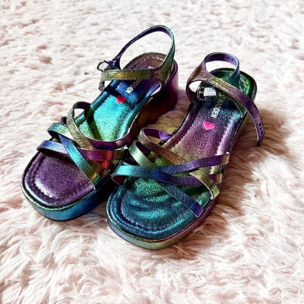 Steve Madden Rainbow Oil Slick Platform Wedge Sandals Girls 2 Chunky Iridescent
